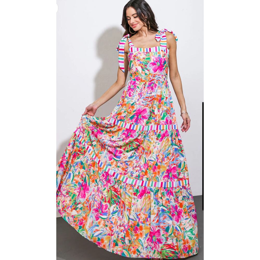 Flying Tomato Paradise Beach Mix Print Maxi Dress Beach Coastal Vacation S New